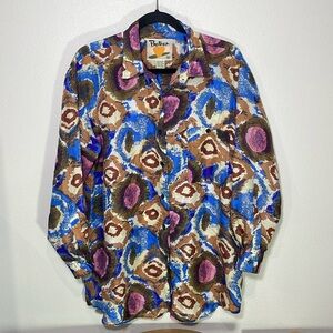 100% Silk Cosmos Funky Lightweight 80s 90s Loud Button up top Vtg Protest Medium